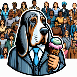 Create a picture of an old, gray Bassett hound dog wearing a sui...