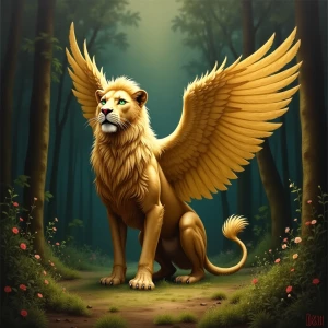 In a darkened forest clearing, a wondrous griffin with shimmerin...