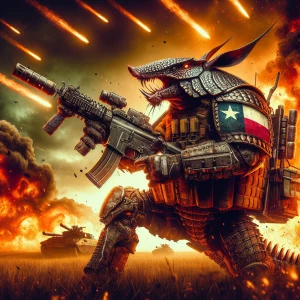 Action-packed illustration of a heavily armored armadillo with g...