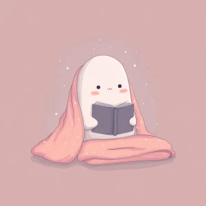 a cute ghost reading a book under a blanket, cozy soft lighting,...
