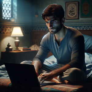 A realistic portrait of a 23-year-old Muslim man sitting on his...