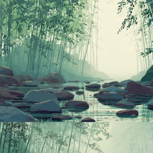 A tranquil Japanese forest river with smooth stones and gentle s...