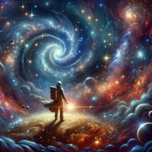 1. "Galactic Explorer": A cosmic wanderer surrounded by swirling...