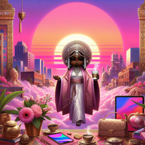 Create an image of a luxurious morning scene with a pink sunrise...