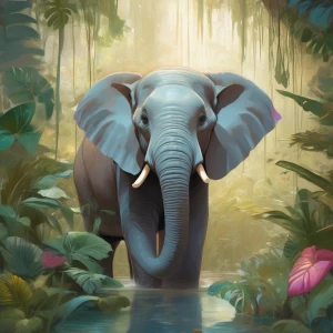 "A cheeky, cartoon-style anthropomorphic female elephant with cu...
