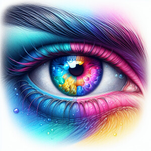 multicolored eyes, prominently featuring shades of blue, pink, a...