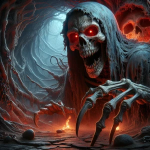 A terrifying skeletal creature with a menacing grin, wearing a t...