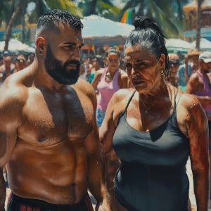 Realism  painting,a muscular beefy sweaty man  walking with his...