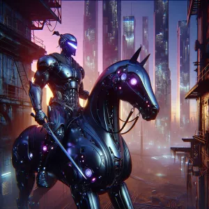 Create an image of a futuristic knight riding a sleek, robotic h...