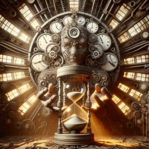 industrial style, in the middle a merged fusion of a humanoid-cl...