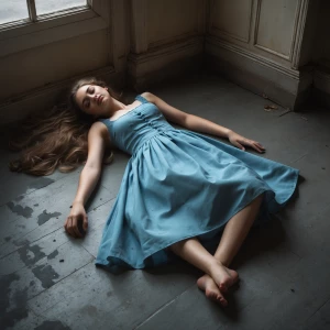 Create an image of a 20 year old girl in a dress who died. She s...