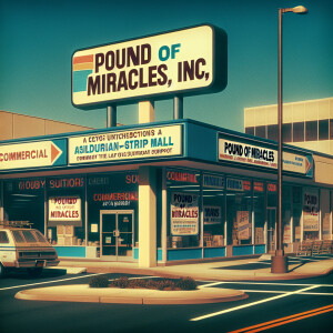 Color film photograph of a suburban strip mall in 1976. One of t...