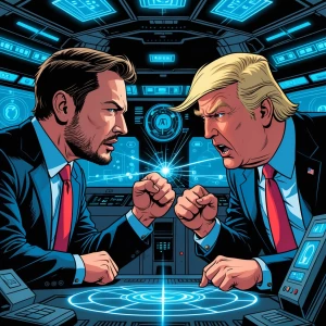 Comic panel showing Elon Musk and Donald Trump arguing in a futu...