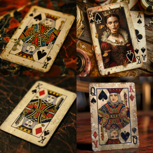 A playing card with a real looking queen stepping out of the car...