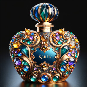 Create a 3-D realistic gold and blue, colorful jewels perfume b...