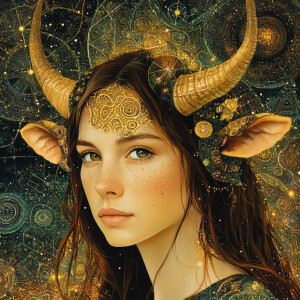 Hyper-realistic portrait of a serene female embodying Taurus, wi...