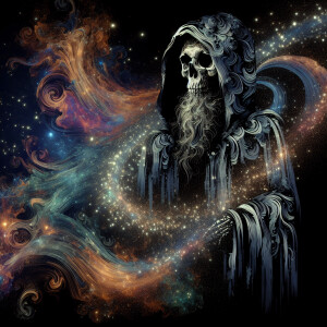 spilling the night sky all over a skeleton wearing a hooded robe...