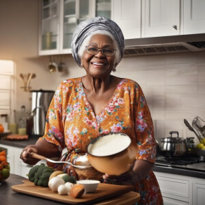 Black granny. In kitchen. Large breasts. Round buttocks. Making...