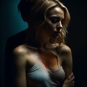 Man with short blonde hair with bullet wound scar on his chest a...