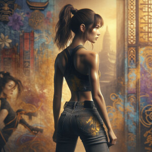 Athletic Thin skinny Attractive, Asian teenage girl, long brown hair and bangs, wearing tight skinny jeans and a halter top paint marks on her clothing, heroic pose Asian graffiti background, backside view