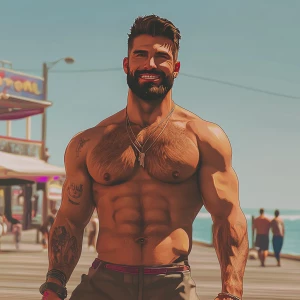 White muscular thin man with beard, big chin, smile and cheekbon...