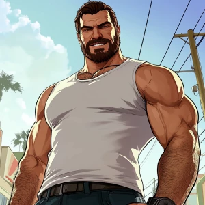 White muscular thin man with beard, big chin, smile and cheekbon...