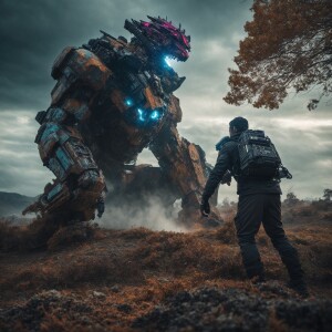 A cyborg battling a giant monster in a post-apocalyptic world 8k...