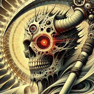 A biomechanical skull with a scythe-like horn curving forward, g...