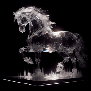 Create an ethereal, translucent sculpture of a majestic horse, m...