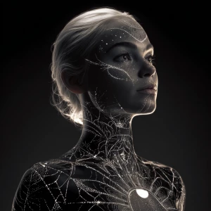 A luminous silver-skinned woman with hyper-detailed skin texture...