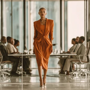 Create an image of a commanding Black woman leading a meeting in...