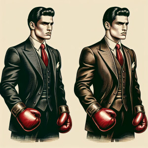 Sylvester Stallone wearing a suit and also his boxing gloves