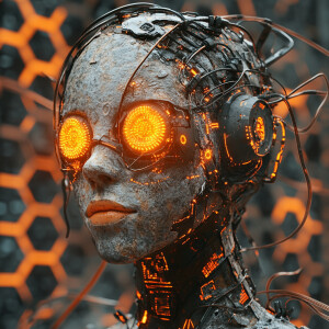 Close-up portrait of a futuristic female cyborg with a weathered...