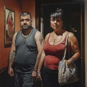 Hyperrealism .A sweaty beefy man entering  with his 54 year old...