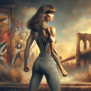 Athletic Thin skinny Attractive, Asian teenage girl, long brown hair and bangs, wearing tight skinny jeans and a halter top paint marks on her clothing, heroic pose Asian graffiti background, backside view