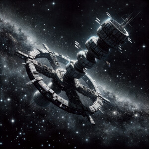 futuristic space station, floating in front of a black vast expa...
