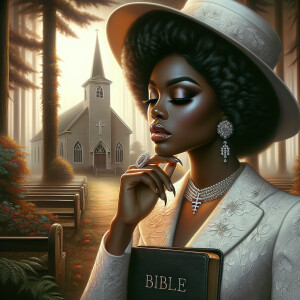 Render an airbrush oil painting of an African American woman with flawless makeup in a
contemplative pose, holding a Bible close to her heart, dressed in an elegant Sunday Best
outfit with a distinctive Church Hat. The background features a peaceful church garden,
with light filtering through the trees, highlighting her spiritual connection and the personal
moment of reflection. The artwork should capture the tranquility of the scene, the beauty
of her attire, and the depth of her contemplation, reflecting a serene and spiritually