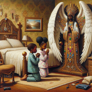 An oil painting of two African-American children with dark skin,...