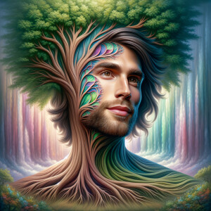 A hyper-realistic 3-D oil painting depicting a tree integrated w...