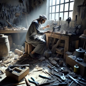An artisan crouches over his workbench, surrounded by an array o...