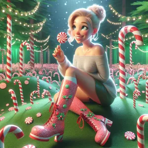 Beautiful blonde woman in Christmas candy cane wonderland! She’s...
