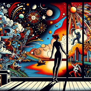 Prompt: A slender, beautiful woman with flaming red hair looks o...