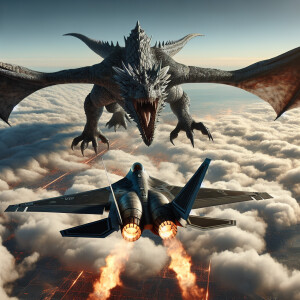 F22 fighter jet and a scaly winged fire breathing dragon in an a...