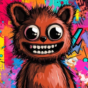 Stylized character portrait of a mischievous designer toy creat...