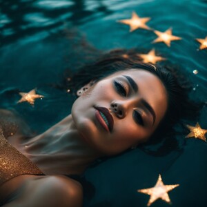 Aerial view of a woman floating star-shaped on the water's surfa...