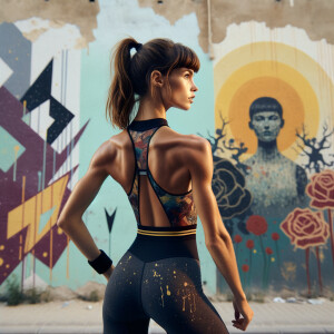 Athletic Thin skinny Attractive, Asian teenage girl, long brown hair and bangs, wearing tight skinny jeans and a halter top paint marks on her clothing, heroic pose Asian graffiti background, backside view