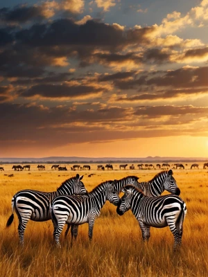 Group of zebras grazing in a grassy savannah during sunset