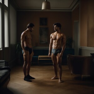 The image shows two men standing close together indoors. Both of...