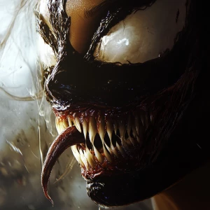 A symbiote woman's face transforming into a spider-man's snout.