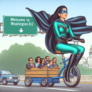 Create an image of Rea large siElze woman riding a tricycle in h...